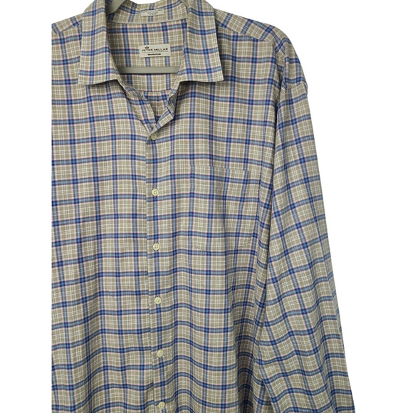Peter Millar Button Down Shirt Mens XXL Beige Blue Flannel Mountainside Plaid - Picture 3 of 7